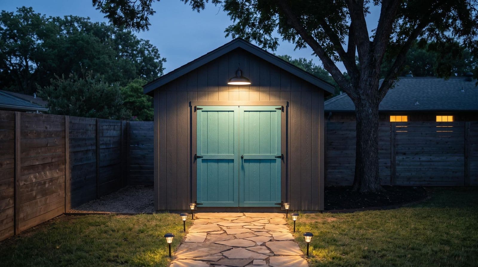 A board-and-batten shed with a teal door at dusk, a black gooseneck barn light glowing over the door and solar path lights along the path to it