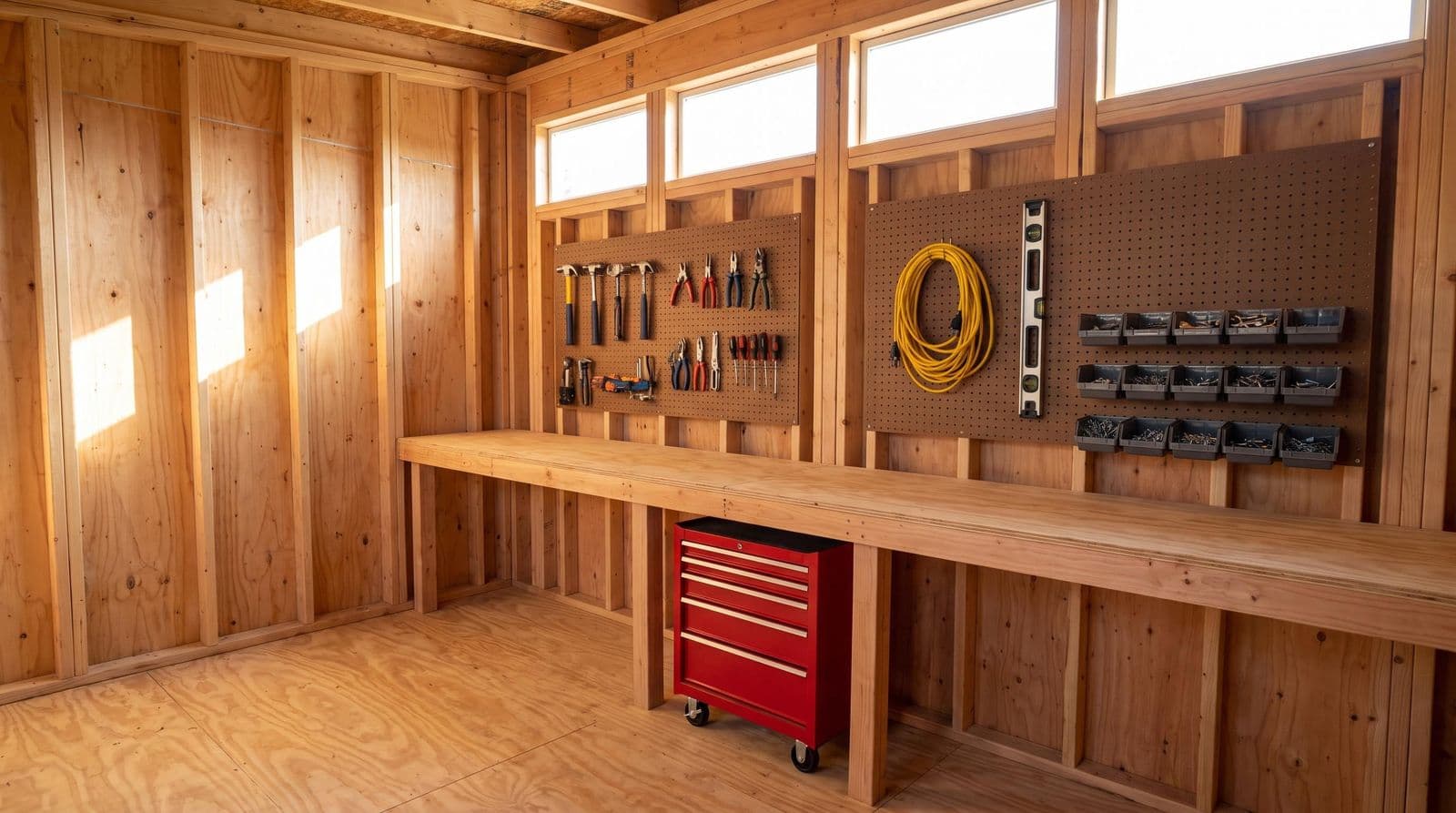 A workshop shed interior: pegboard panels above an 8-foot workbench, hand tools on hooks, daylight from the transom windows