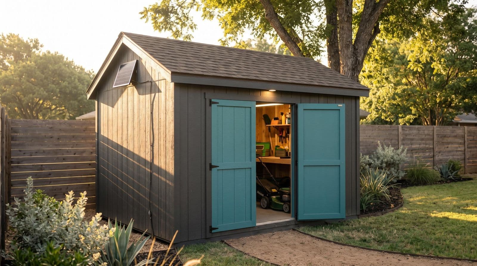 A small solar panel mounted high on the sunny gable end of a board-and-batten shed with a teal door, the door open and a warm light on inside, at golden hour