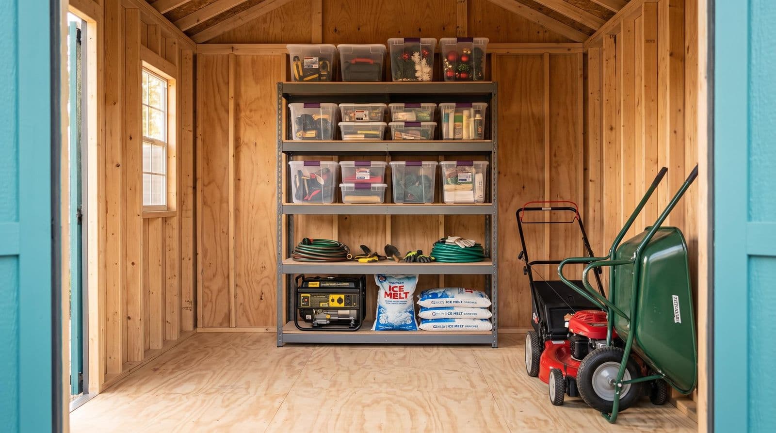 A five-shelf steel rack against the end wall of a storage shed, loaded with totes, with a mower and a wheelbarrow to one side and the floor open