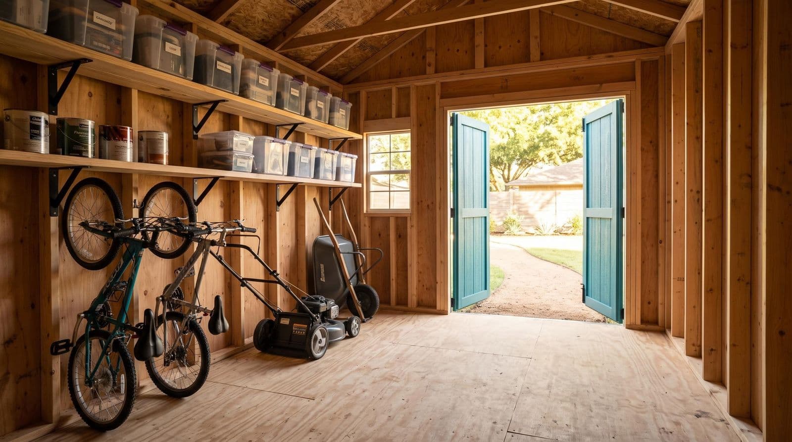 Inside a stick-built shed: two long shelves on steel brackets screwed to the studs, bins on the shelves, two bikes on hooks below, a mower on the floor and the teal door open to the yard
