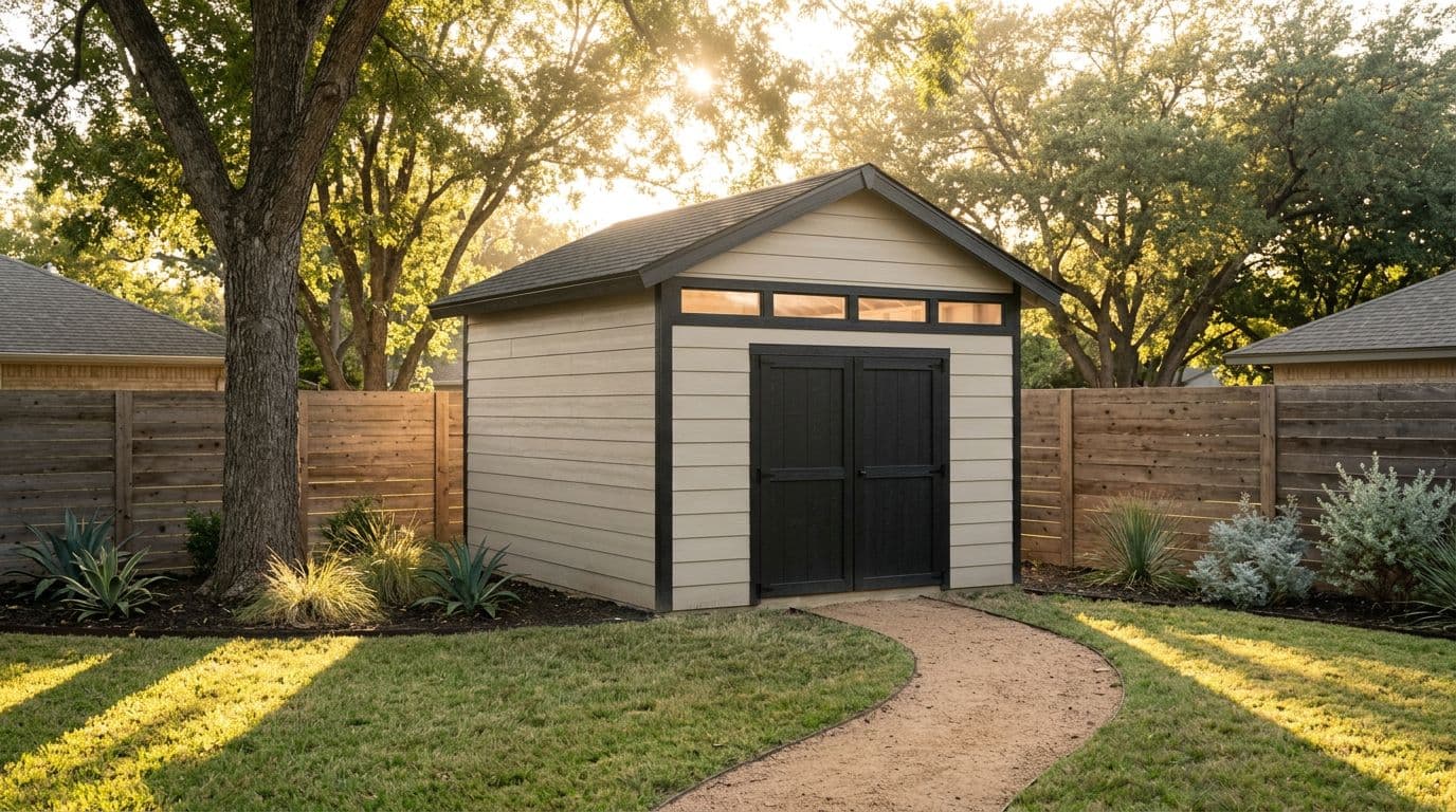 A Tall Traditional shed design with cream lap siding, black double doors, and a row of transom windows under a gable roof, visualized from a real 3D design